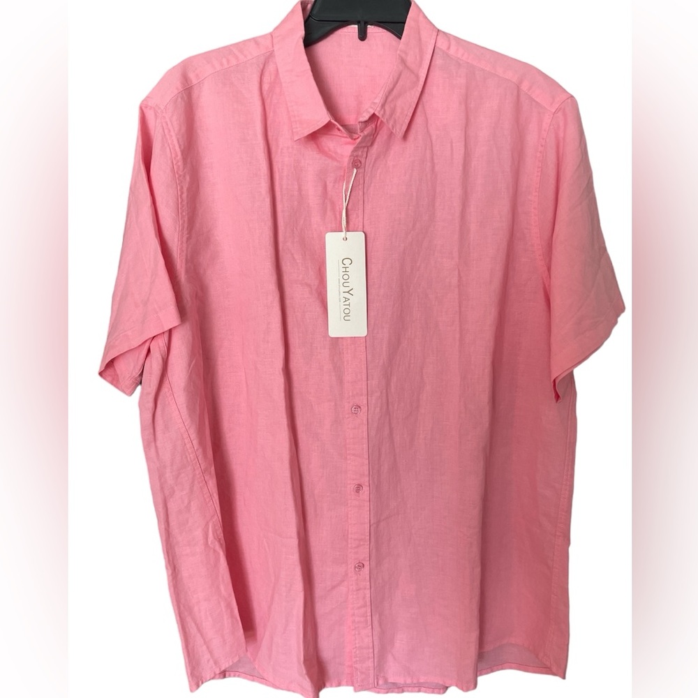 ChouYatou Mens Pink Linen Blend Short Sleeve Button Shirt size XL NWT